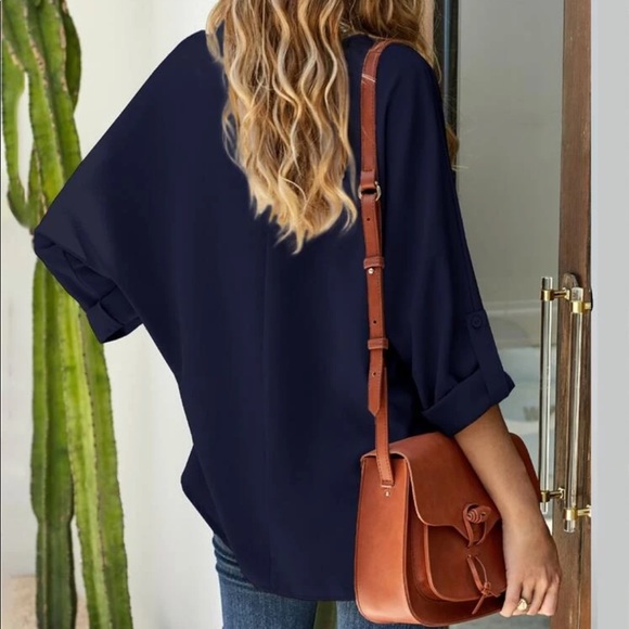 Classic navy v neck high low button sleeve blouse - Picture 3 of 5
